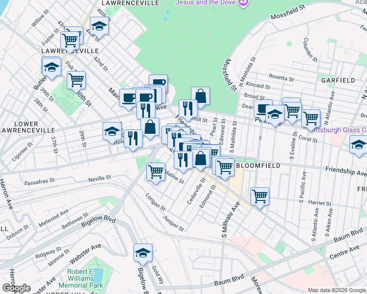 map of restaurants, bars, coffee shops, grocery stores, and more near 4668 Gangwish Street in Pittsburgh