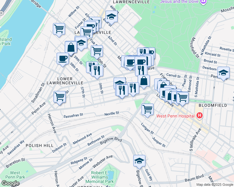 map of restaurants, bars, coffee shops, grocery stores, and more near 411 40th Street in Pittsburgh