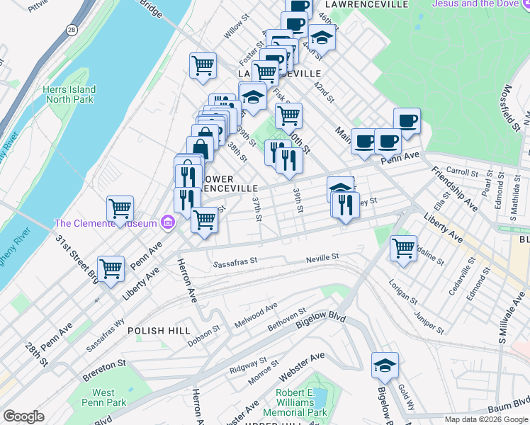 map of restaurants, bars, coffee shops, grocery stores, and more near 3716 Woolslayer Way in Pittsburgh