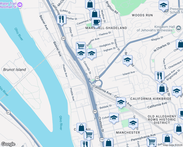 map of restaurants, bars, coffee shops, grocery stores, and more near 2356 Colorado Street in Pittsburgh