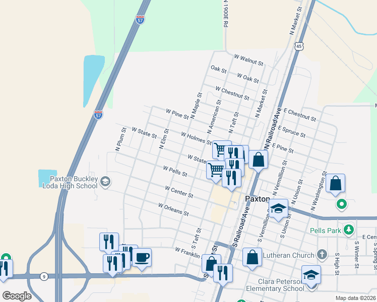map of restaurants, bars, coffee shops, grocery stores, and more near 290 North Maple Street in Paxton