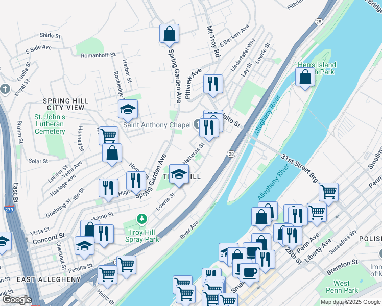 map of restaurants, bars, coffee shops, grocery stores, and more near 1614 Harpster Street in Pittsburgh