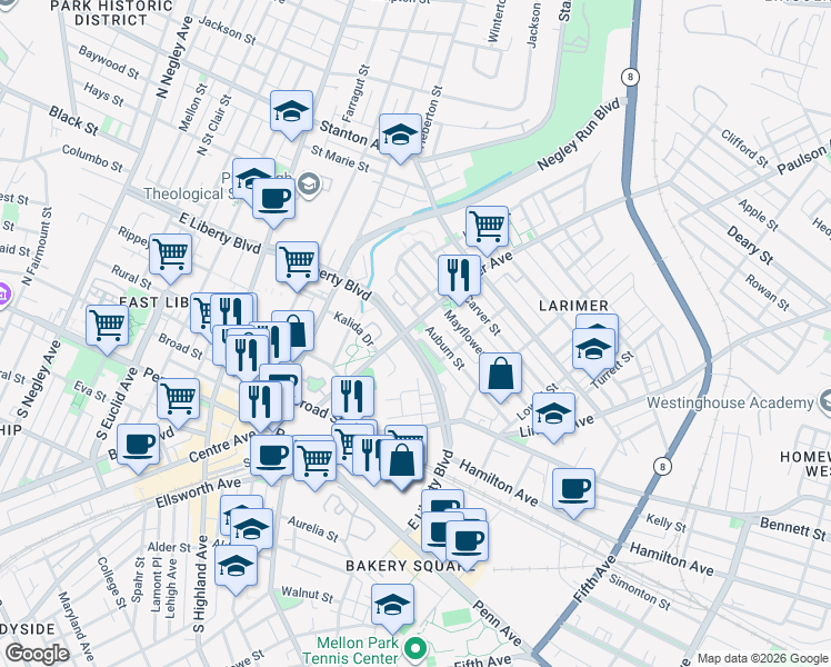 map of restaurants, bars, coffee shops, grocery stores, and more near 200 Larimer Avenue in Pittsburgh