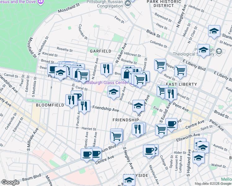 map of restaurants, bars, coffee shops, grocery stores, and more near 125 South Graham Street in Pittsburgh