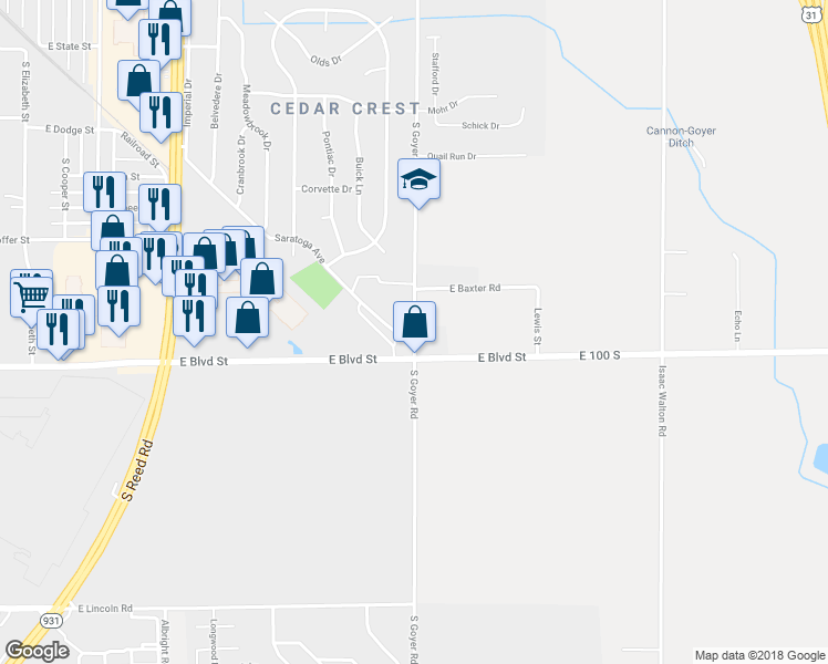 map of restaurants, bars, coffee shops, grocery stores, and more near 2599 Saratoga Avenue in Kokomo