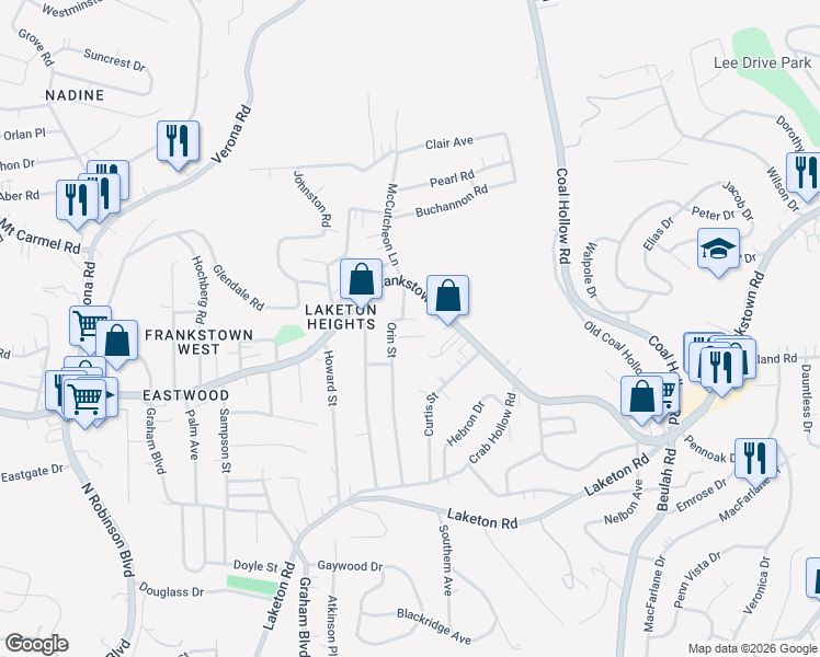 map of restaurants, bars, coffee shops, grocery stores, and more near 10130 Frankstown Road in Pittsburgh