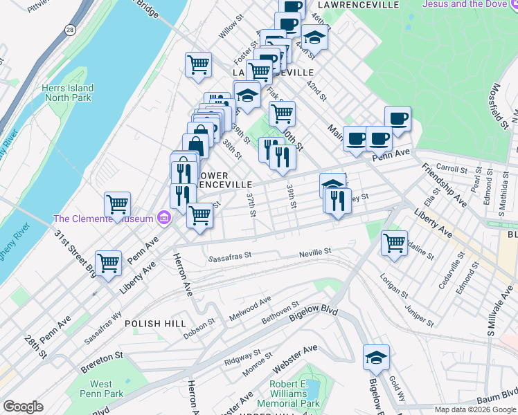 map of restaurants, bars, coffee shops, grocery stores, and more near 3716 Woolslayer Way in Pittsburgh