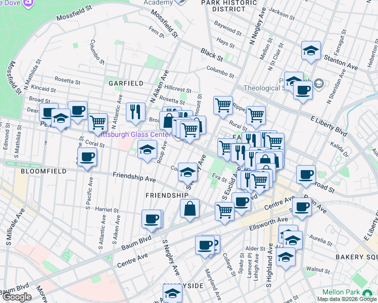 map of restaurants, bars, coffee shops, grocery stores, and more near 5511 Dunkirk Street in Pittsburgh