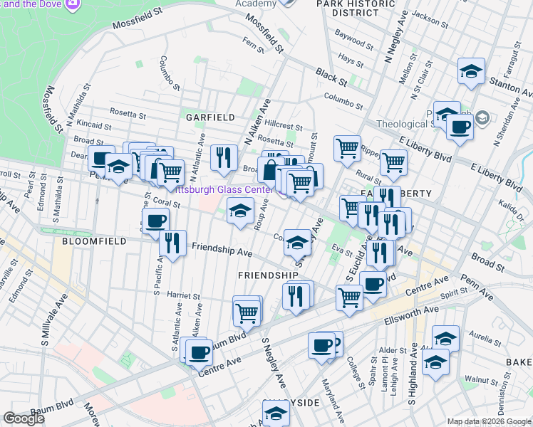 map of restaurants, bars, coffee shops, grocery stores, and more near 5 Clarendon Place in Pittsburgh
