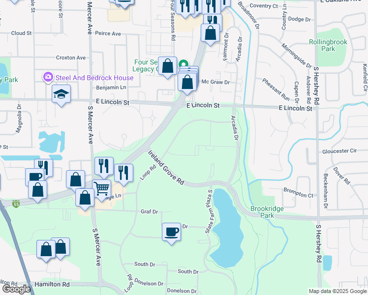 map of restaurants, bars, coffee shops, grocery stores, and more near in Bloomington