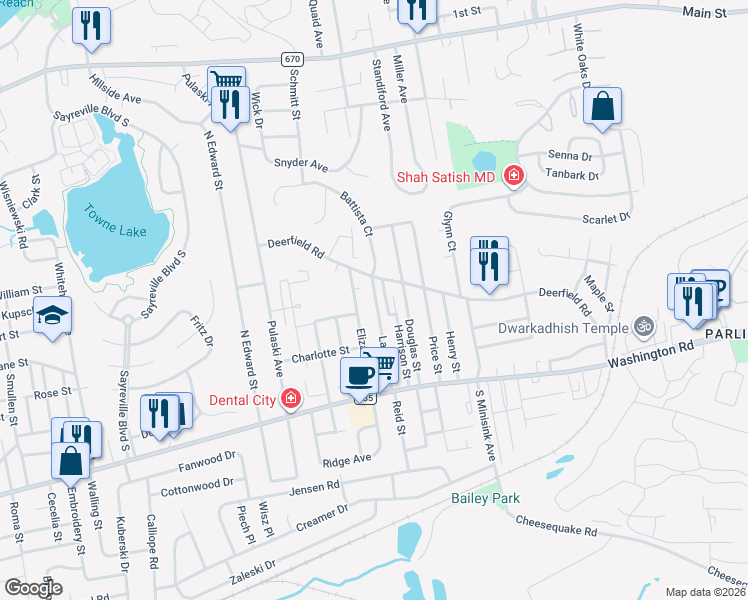 map of restaurants, bars, coffee shops, grocery stores, and more near 91 Deerfield Road in Sayreville