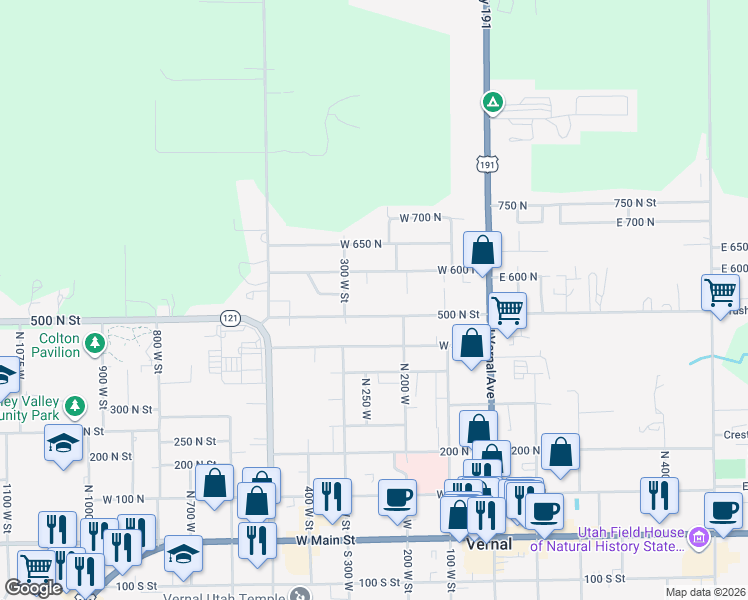 map of restaurants, bars, coffee shops, grocery stores, and more near 268 West 500 North in Vernal