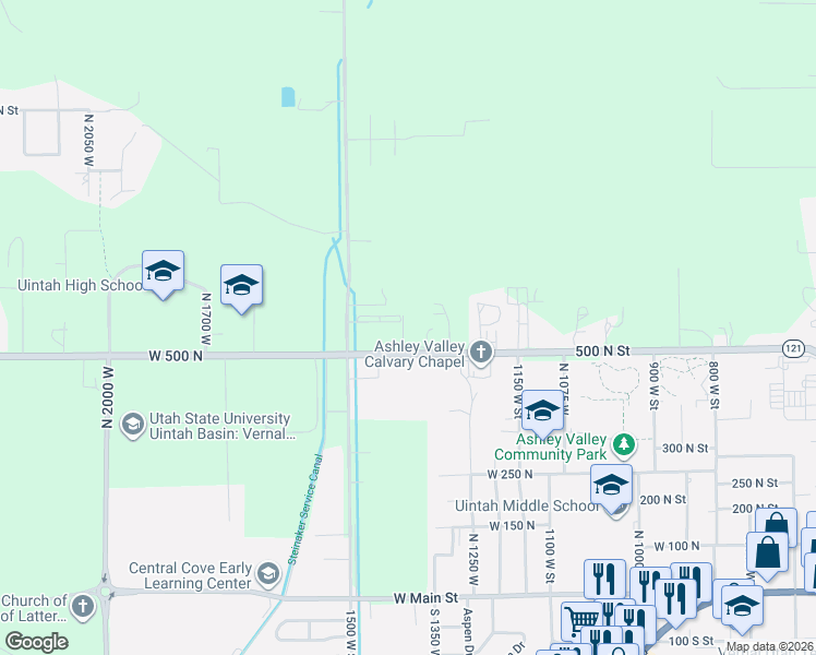 map of restaurants, bars, coffee shops, grocery stores, and more near 570 1380 West in Uintah County