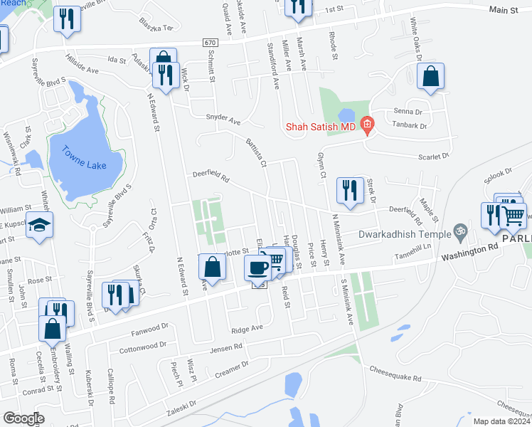 map of restaurants, bars, coffee shops, grocery stores, and more near 91 Deerfield Road in Sayreville