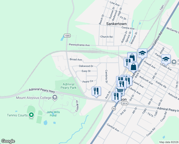 map of restaurants, bars, coffee shops, grocery stores, and more near 165-193 Oakwood Drive in Cresson