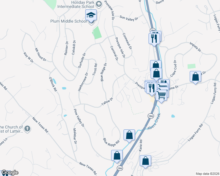 map of restaurants, bars, coffee shops, grocery stores, and more near 681 Blue Ridge Road in Pittsburgh