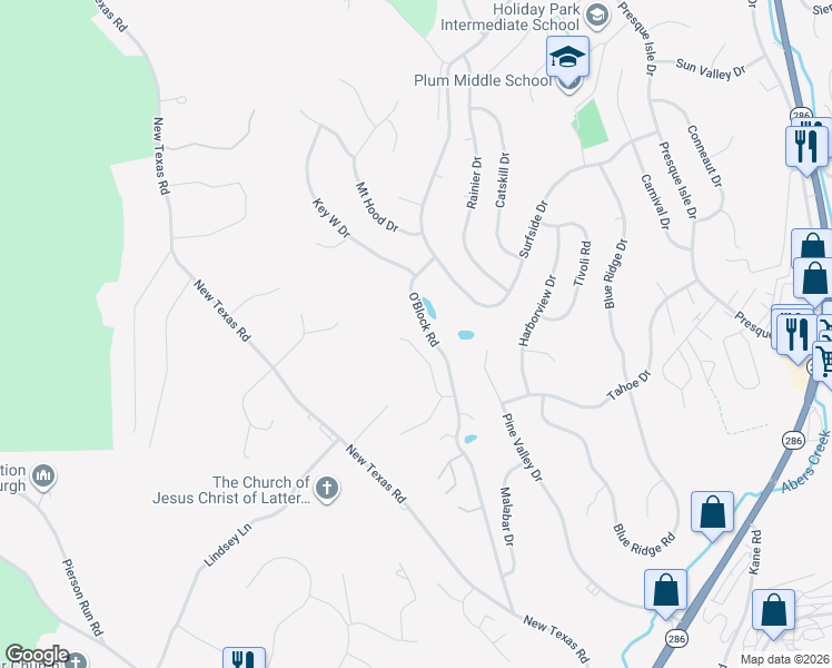 map of restaurants, bars, coffee shops, grocery stores, and more near 1307 O'Block Road in Pittsburgh
