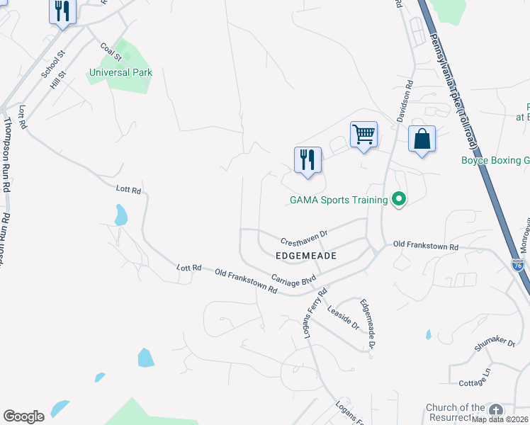 map of restaurants, bars, coffee shops, grocery stores, and more near 476 Shelbourne Drive in Pittsburgh