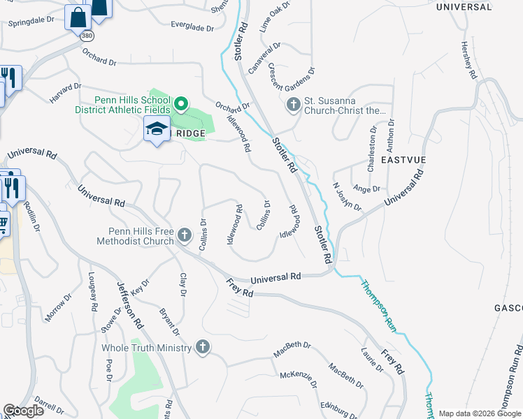 map of restaurants, bars, coffee shops, grocery stores, and more near 380 Collins Drive in Pittsburgh