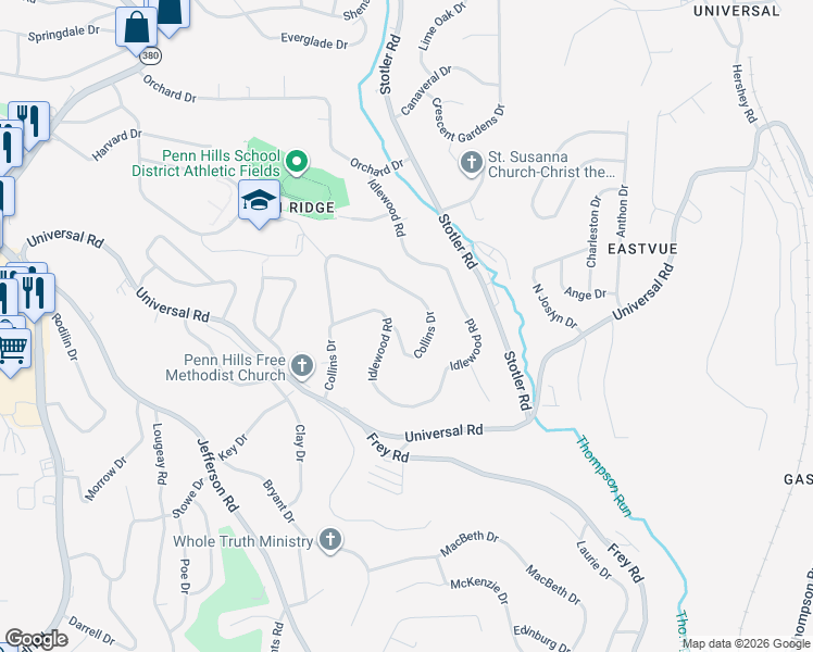 map of restaurants, bars, coffee shops, grocery stores, and more near 380 Collins Drive in Pittsburgh