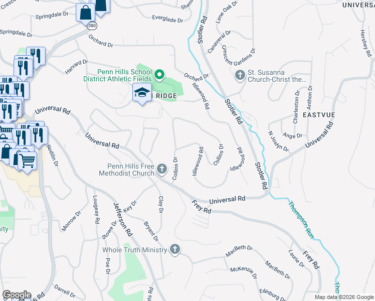 map of restaurants, bars, coffee shops, grocery stores, and more near 111 Idlewood Road in Pittsburgh