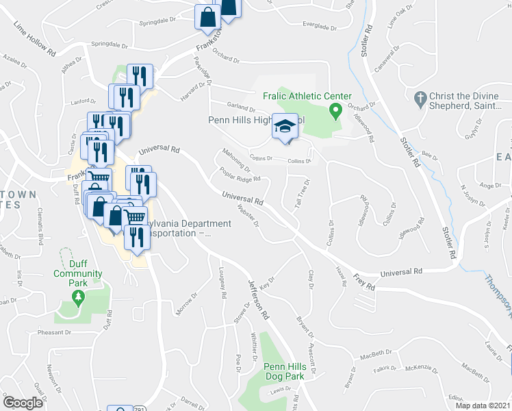 map of restaurants, bars, coffee shops, grocery stores, and more near 185 Poplar Ridge Road in Pittsburgh