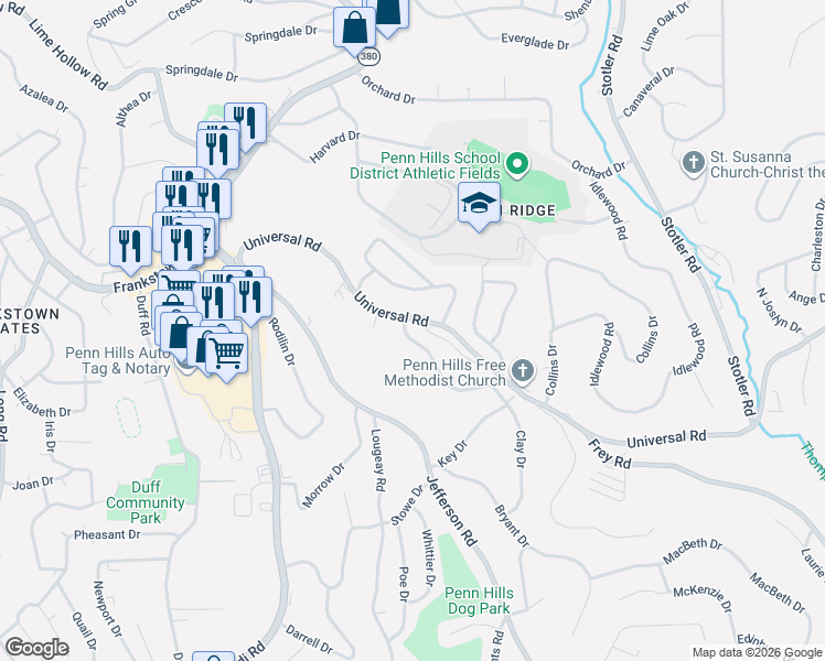 map of restaurants, bars, coffee shops, grocery stores, and more near 263 Universal Road in Penn Hills