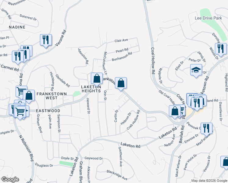 map of restaurants, bars, coffee shops, grocery stores, and more near 10130 Frankstown Road in Pittsburgh