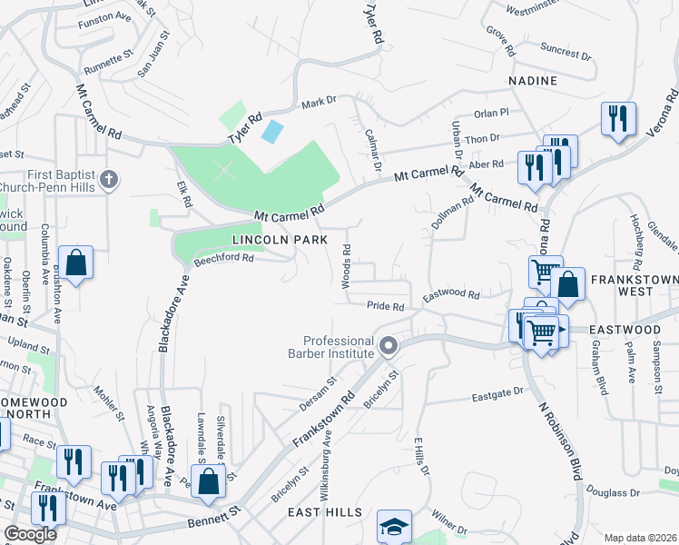 map of restaurants, bars, coffee shops, grocery stores, and more near 98 Woods Road in Pittsburgh