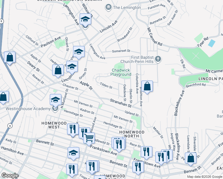 map of restaurants, bars, coffee shops, grocery stores, and more near 7203 Tilden Street in Pittsburgh