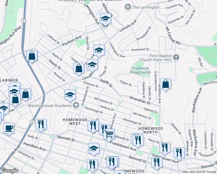 map of restaurants, bars, coffee shops, grocery stores, and more near 1617 North Lang Avenue in Pittsburgh