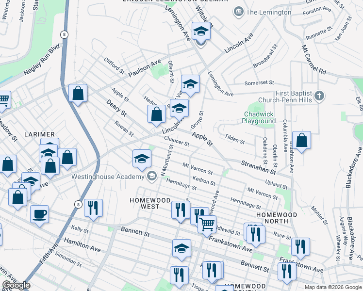 map of restaurants, bars, coffee shops, grocery stores, and more near 6939 Chaucer Street in Pittsburgh