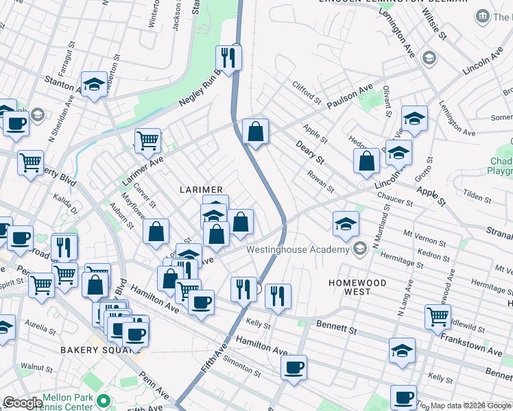 map of restaurants, bars, coffee shops, grocery stores, and more near 662 Lowell Street in Pittsburgh