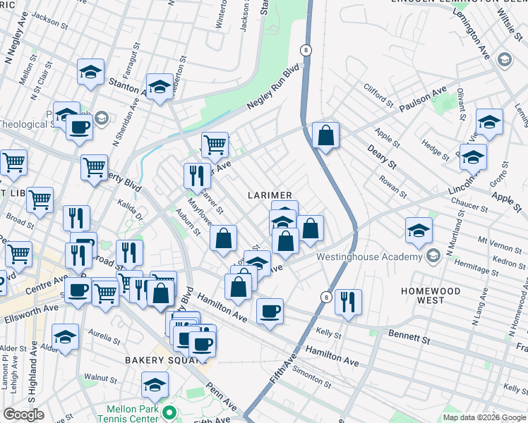 map of restaurants, bars, coffee shops, grocery stores, and more near in Pittsburgh