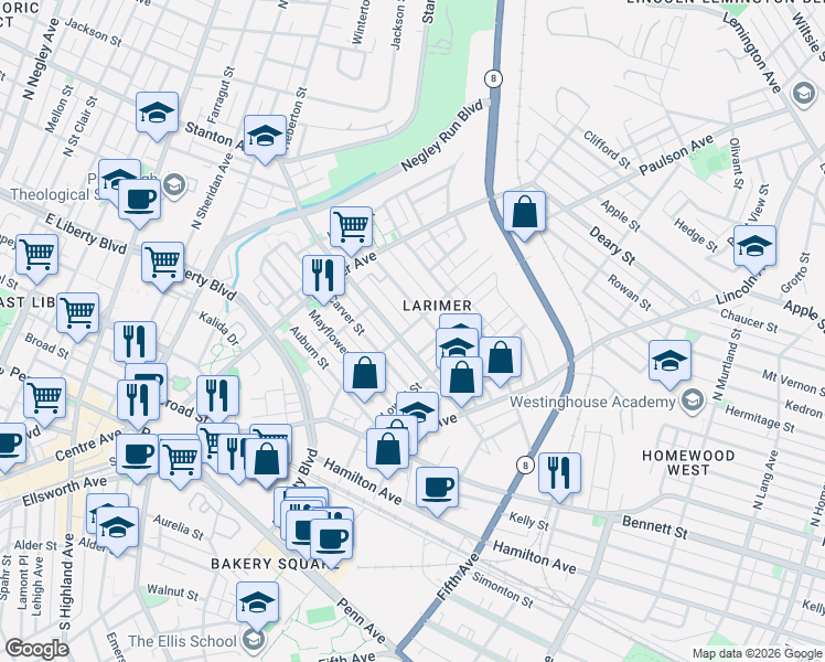 map of restaurants, bars, coffee shops, grocery stores, and more near 161 Meadow Street in Pittsburgh