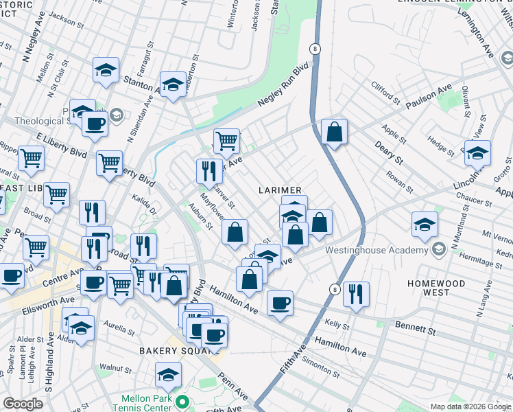 map of restaurants, bars, coffee shops, grocery stores, and more near 161 Meadow Street in Pittsburgh