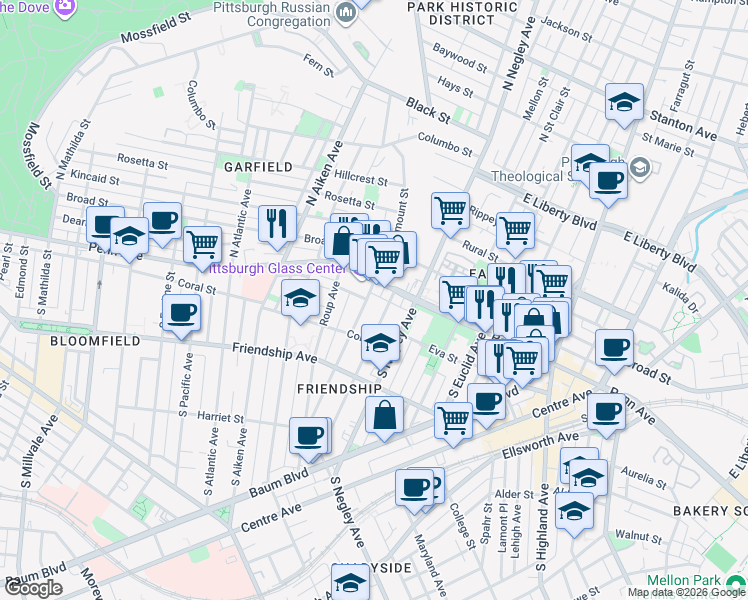 map of restaurants, bars, coffee shops, grocery stores, and more near 5511 Dunkirk Street in Pittsburgh