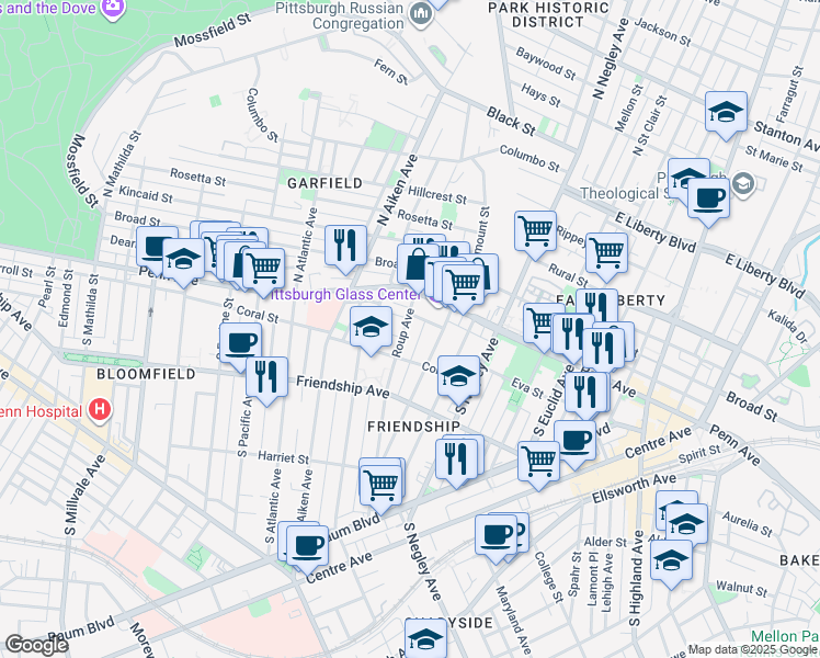 map of restaurants, bars, coffee shops, grocery stores, and more near 5 Clarendon Place in Pittsburgh