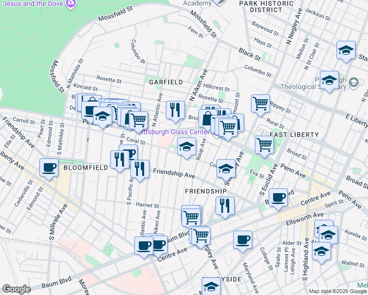 map of restaurants, bars, coffee shops, grocery stores, and more near 119 South Aiken Avenue in Pittsburgh