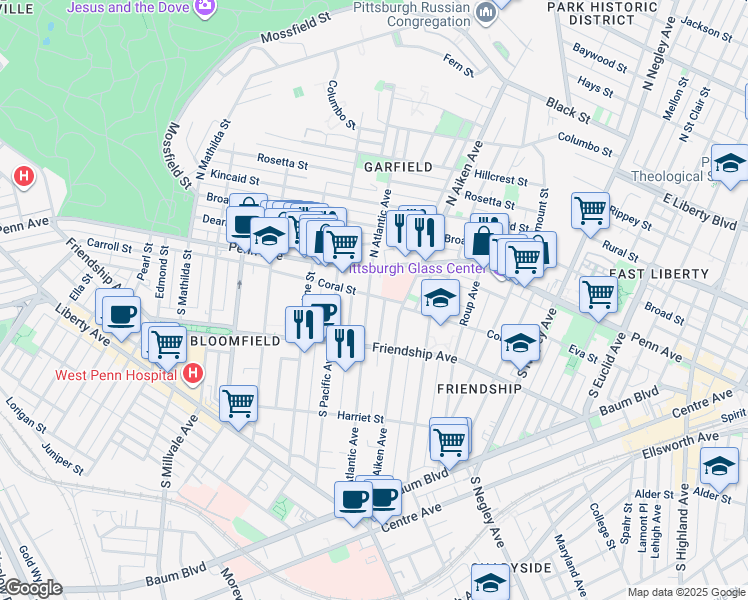 map of restaurants, bars, coffee shops, grocery stores, and more near 117 South Atlantic Avenue in Pittsburgh
