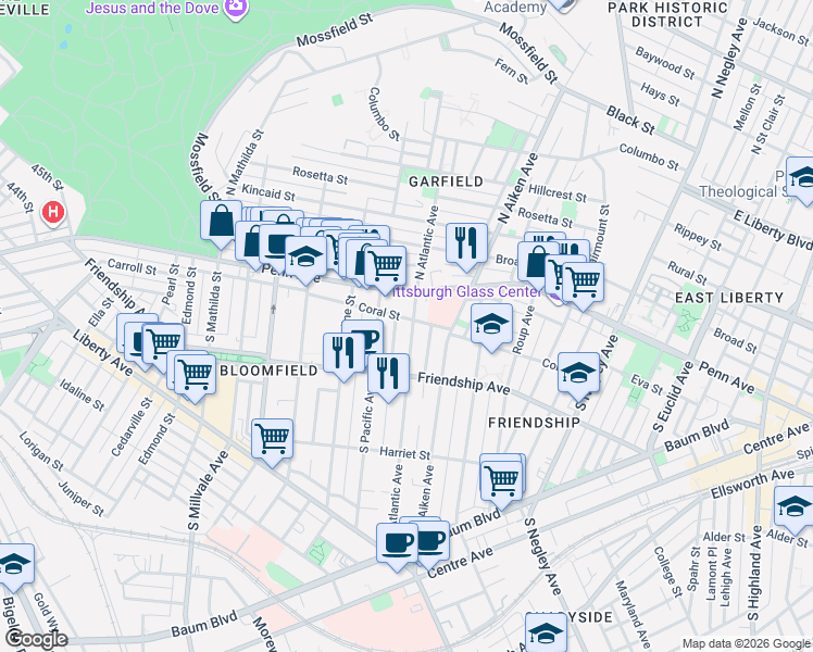 map of restaurants, bars, coffee shops, grocery stores, and more near 5200 Penn Avenue in Pittsburgh