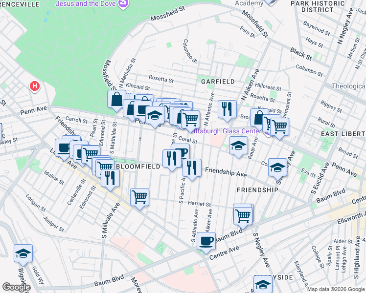 map of restaurants, bars, coffee shops, grocery stores, and more near 201 South Evaline Street in Pittsburgh