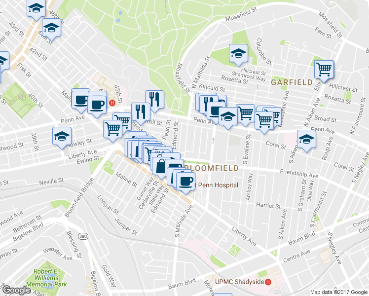 map of restaurants, bars, coffee shops, grocery stores, and more near 236 South Mathilda Street in Pittsburgh