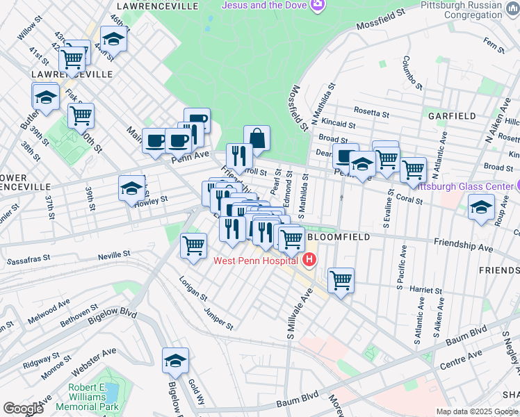 map of restaurants, bars, coffee shops, grocery stores, and more near 4618 Friendship Avenue in Pittsburgh