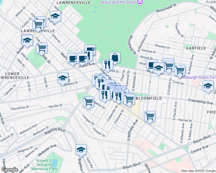 map of restaurants, bars, coffee shops, grocery stores, and more near 4618 Friendship Avenue in Pittsburgh
