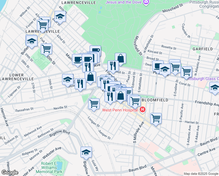 map of restaurants, bars, coffee shops, grocery stores, and more near 4668 Gangwish Street in Pittsburgh