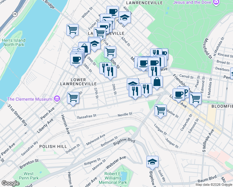 map of restaurants, bars, coffee shops, grocery stores, and more near 3918 Mintwood Street in Pittsburgh