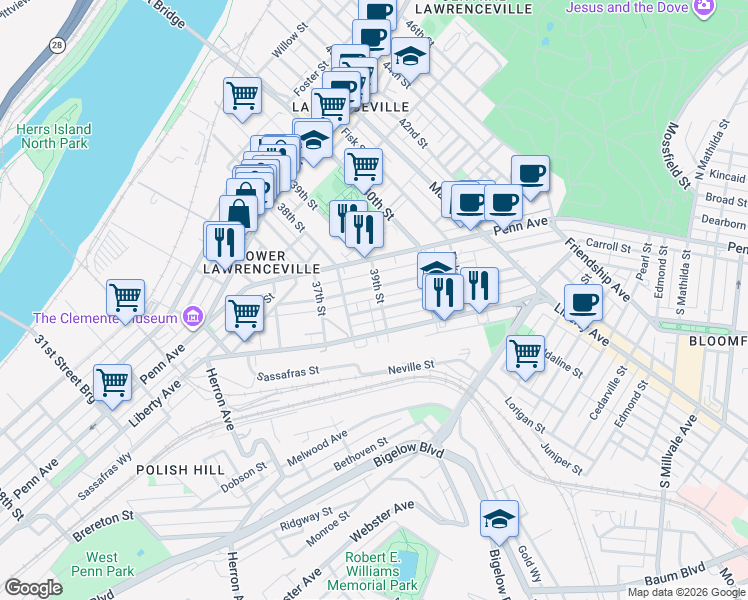 map of restaurants, bars, coffee shops, grocery stores, and more near 3819 Mintwood Street in Pittsburgh