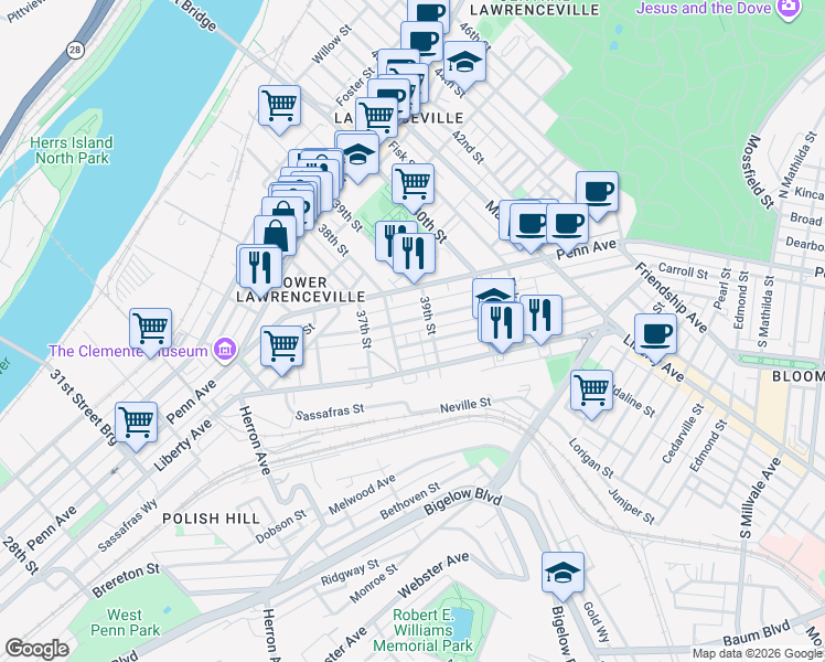 map of restaurants, bars, coffee shops, grocery stores, and more near 3819 Mintwood Street in Pittsburgh