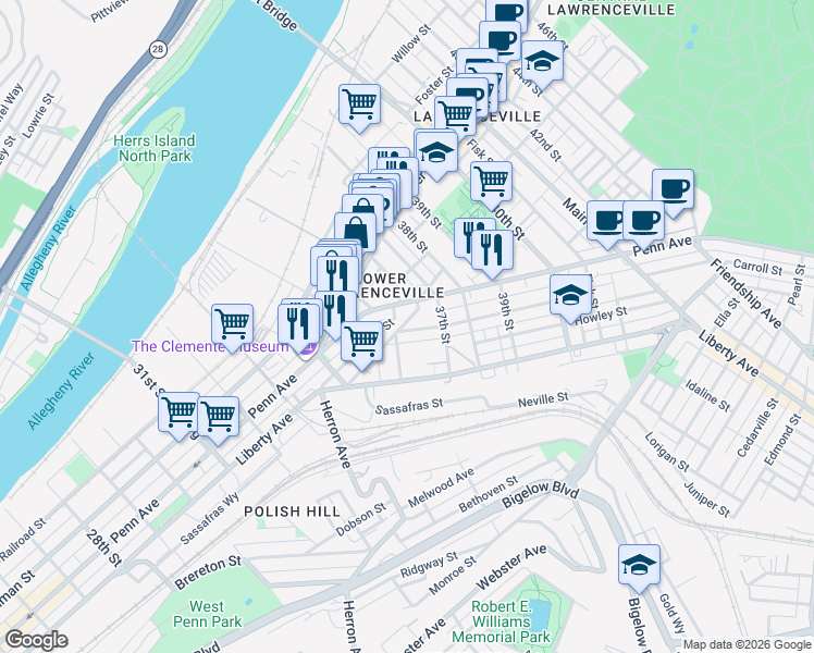 map of restaurants, bars, coffee shops, grocery stores, and more near 3600 Penn Avenue in Pittsburgh